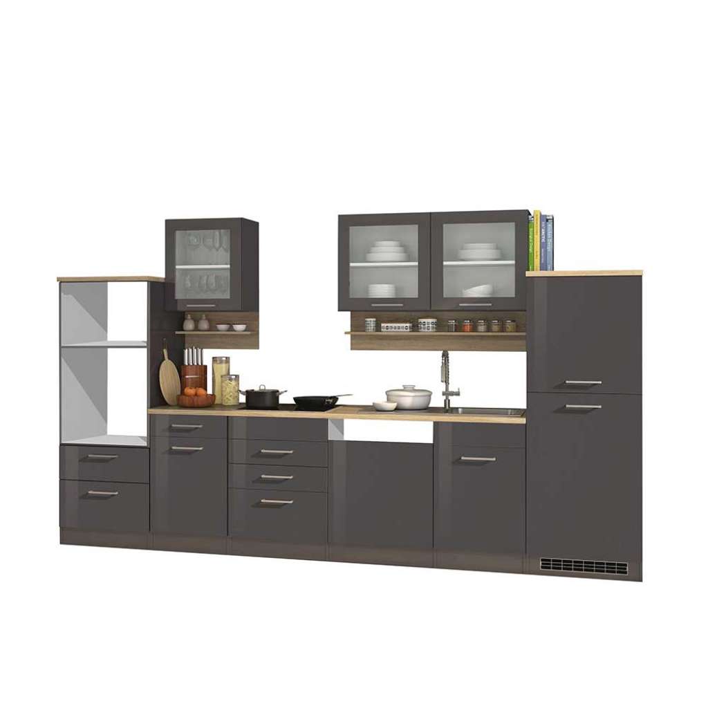 Hochglanz Einbauküchenzeile in Grau 340 cm breit (11-teilig)