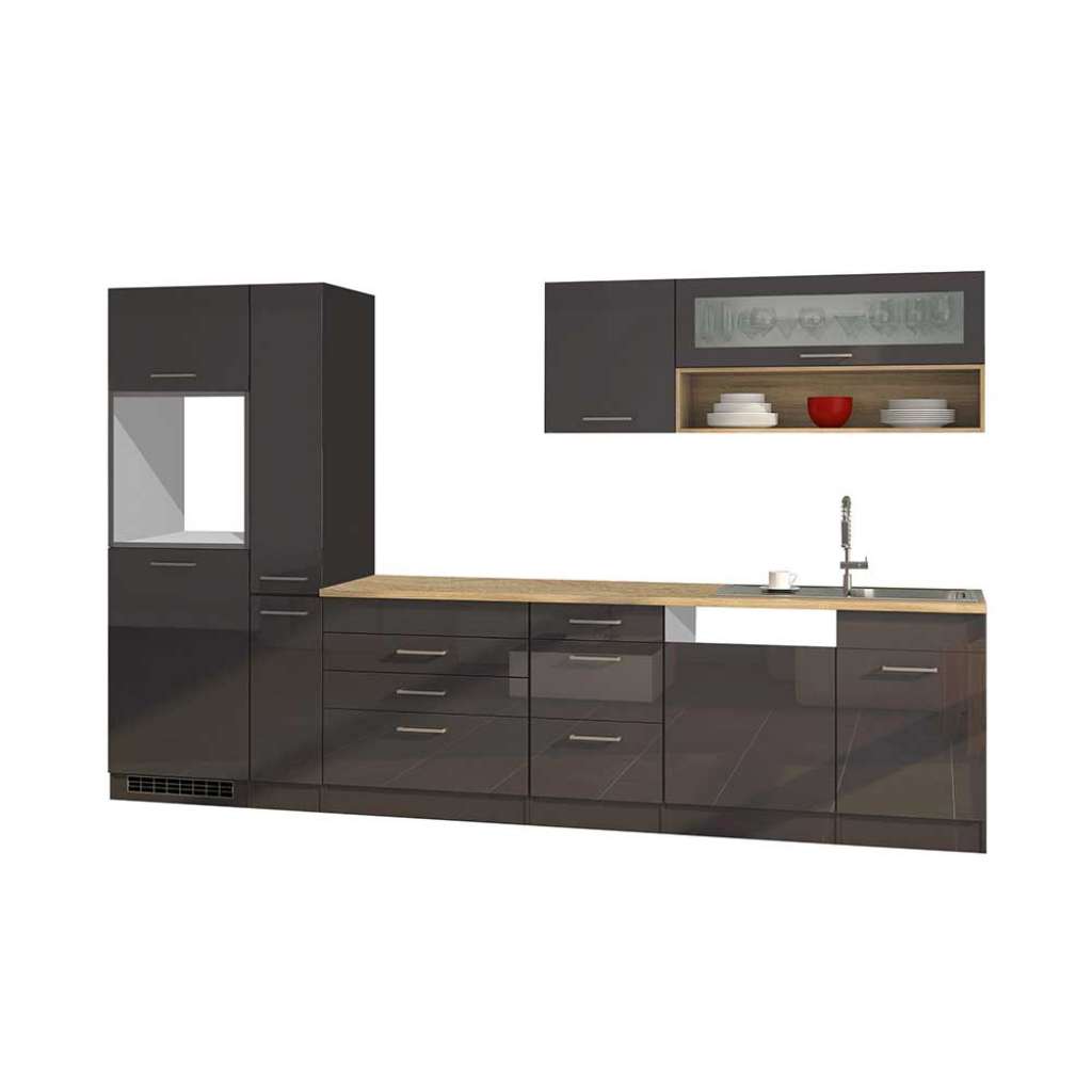Hochglanz Küchenblock in Grau 330 cm breit (9-teilig)
