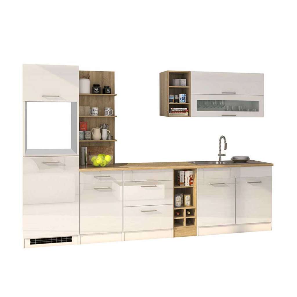 Design Küchenblock in Weiß Hochglanz 300 cm breit (9-teilig)