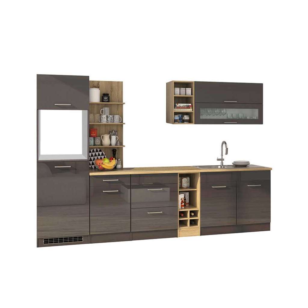 Design Küchenblock in Grau hochglänzend 300 cm breit (9-teilig)