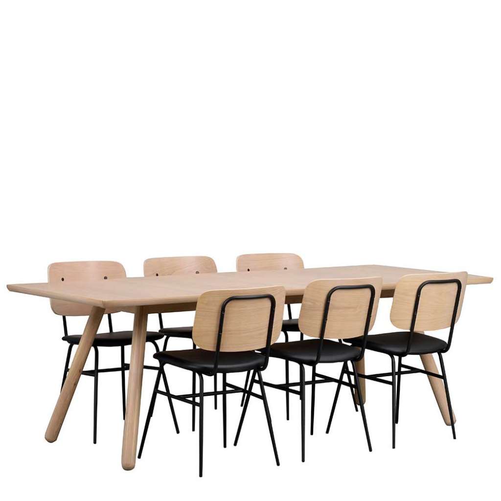 Esszimmer Sitzgruppe in Holz White Wash und Schwarz Retrostil (7-teilig)