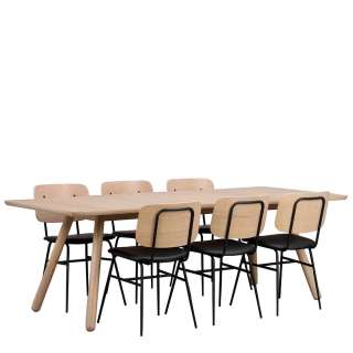 Esszimmer Sitzgruppe in Holz White Wash und Schwarz Retrostil (7-teilig)