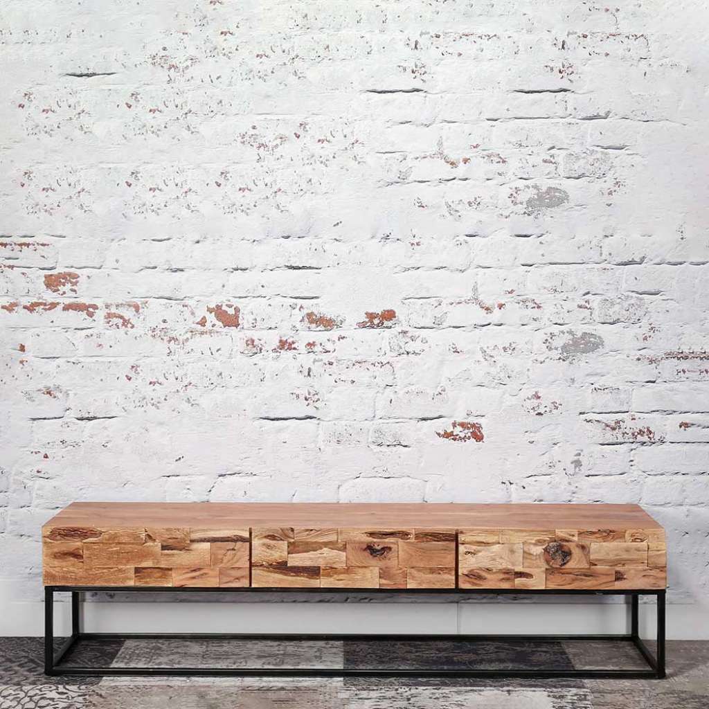 Fernsehtisch aus Akazie Massivholz und Metall Loft Design
