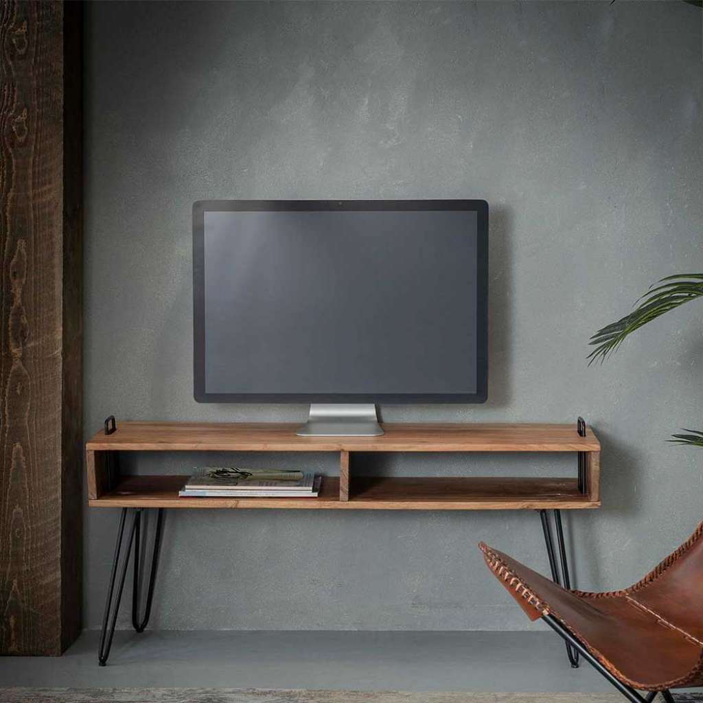 Fernsehtisch aus Akazie Massivholz und Stahl 110 cm breit