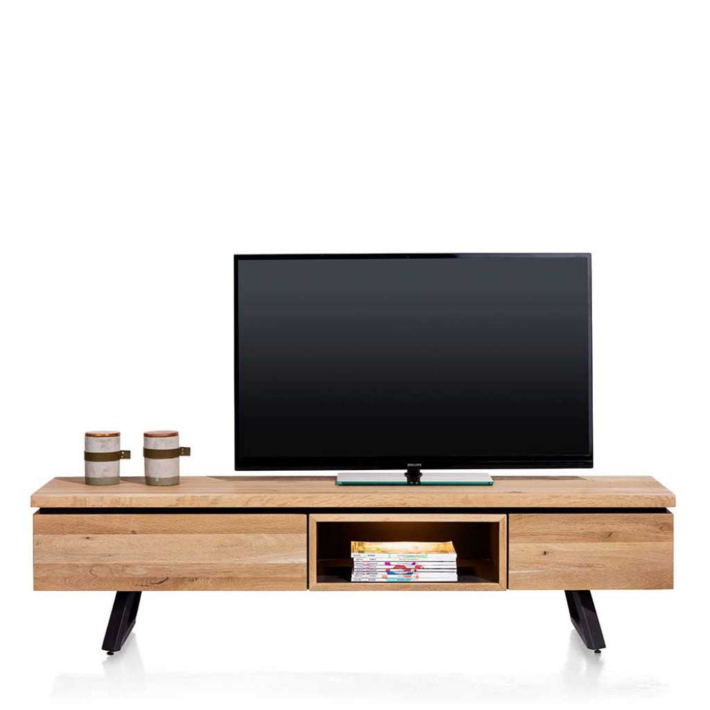 TV Lowboard aus Massivholz und Stahl Eichefarben und Schwarz