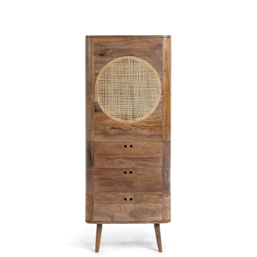 Massivholz Hochschrank aus Mangobaum Weidengeflecht