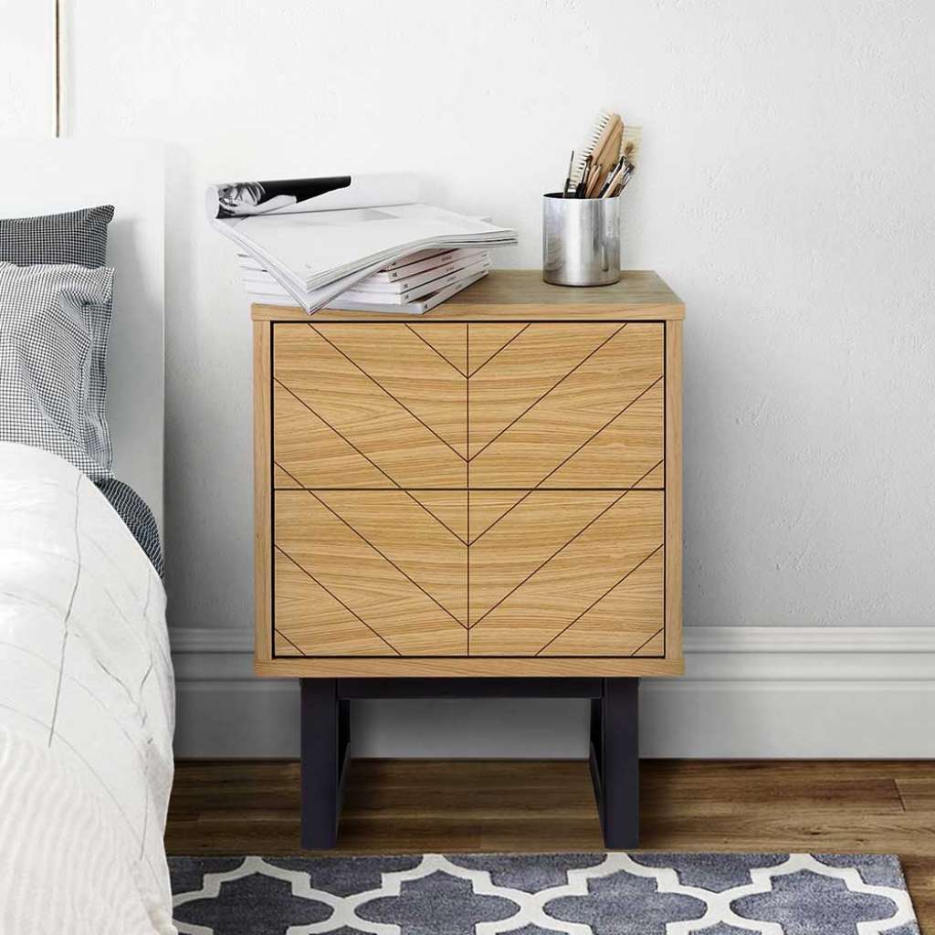 Nachtschrank Eiche furniert mit Fischgrätenmuster Retro Look