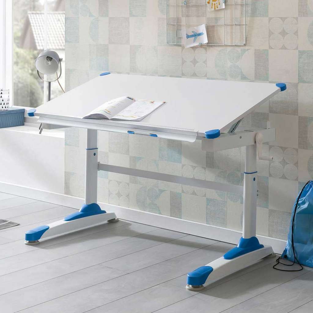 Kinderzimmertisch in Weiß und Blau höhenverstellbar