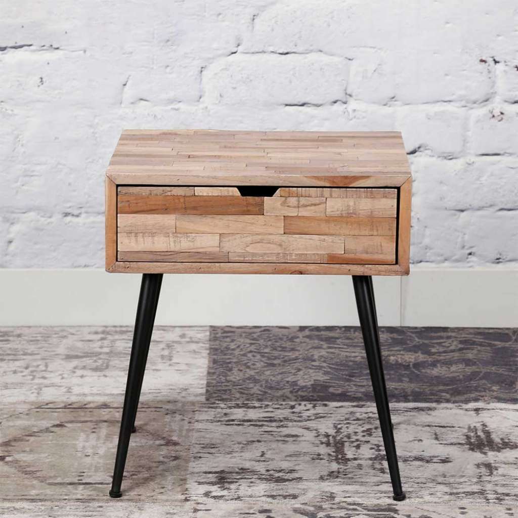 Nachttisch Kommode aus Teak Massivholz und Metall 45 cm breit