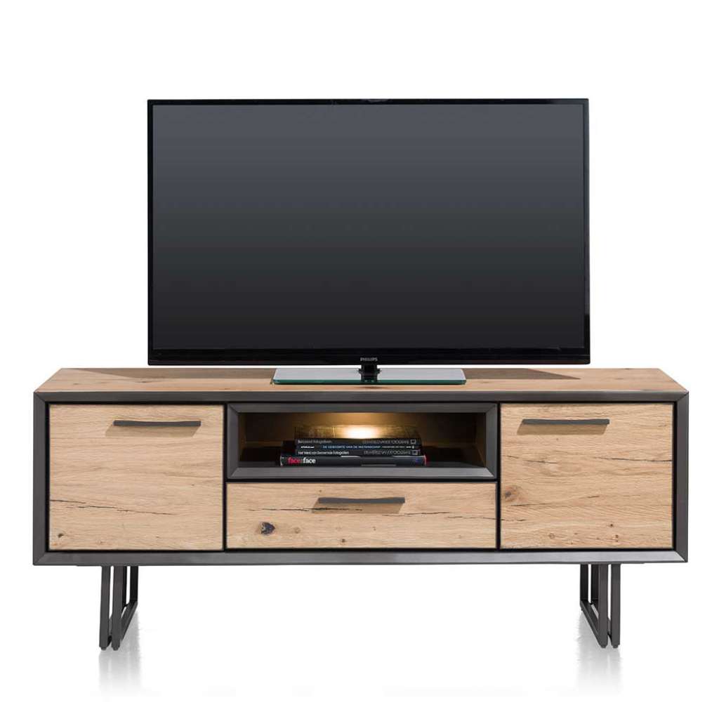 TV Board in Dunkelgrau und Eiche Furnier LED Beleuchtung