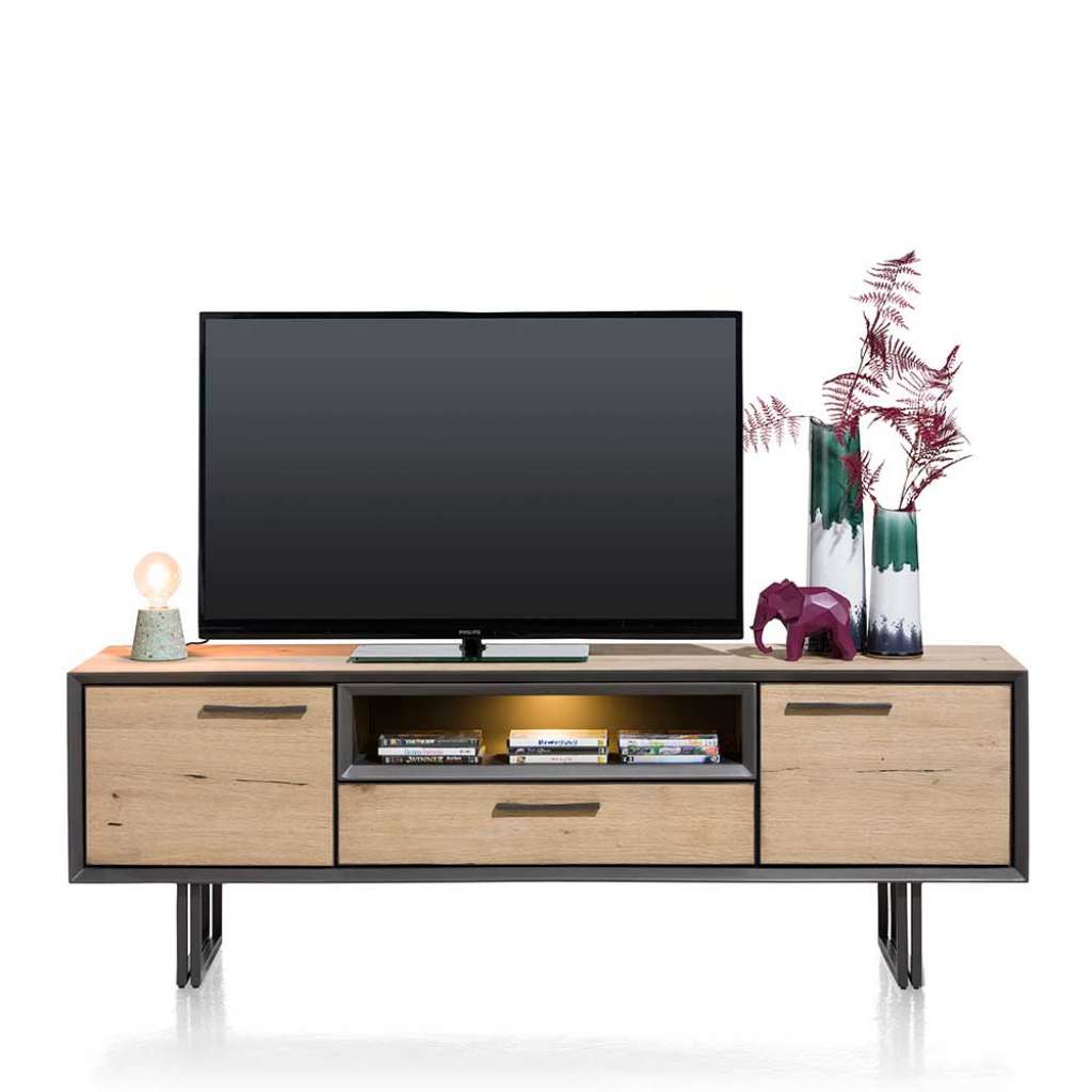 Fernsehboard in Dunkelgrau und Eiche Furnier LED Beleuchtung