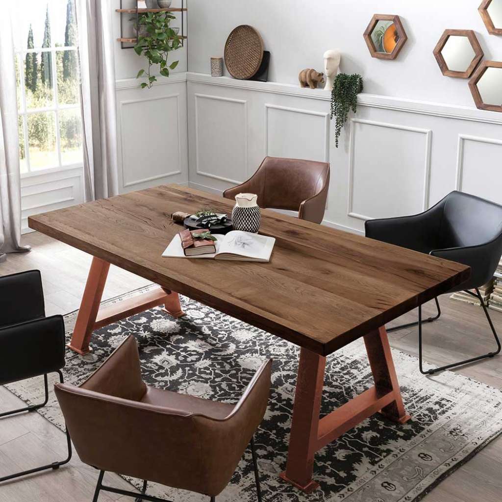 Esszimmertisch aus Eiche massiv mit Antik Finish Metallgestell in antik Braun