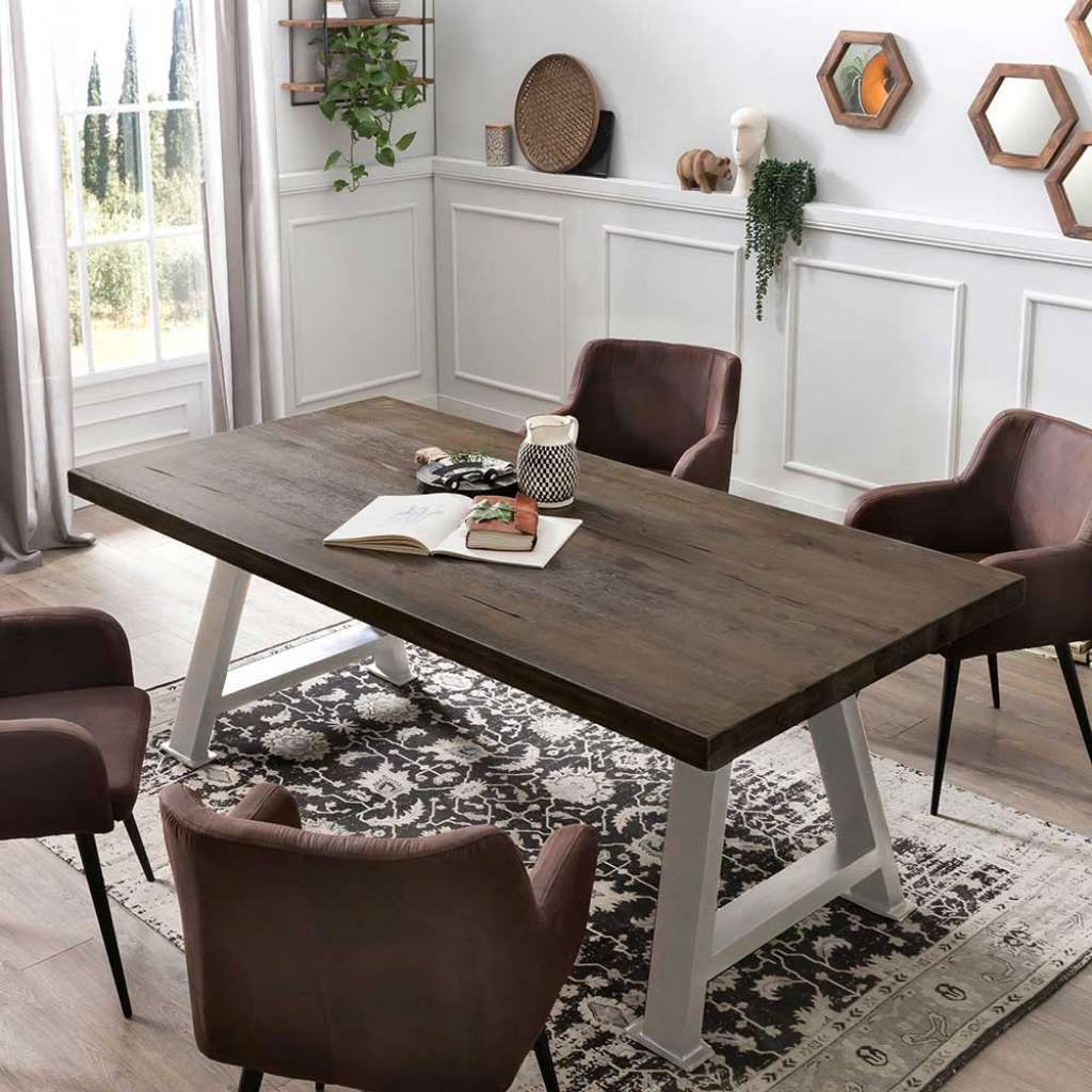 Esszimmer Tisch in Grau Eiche massiv Metallgestell in Silberfarben