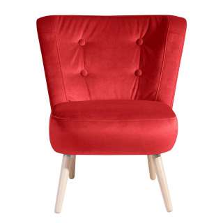 Samtvelours Sessel rot im Retrostil Vierfußgestell aus Holz