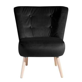 Samtvelours Sessel schwarz im Retrostil Vierfußgestell aus Holz