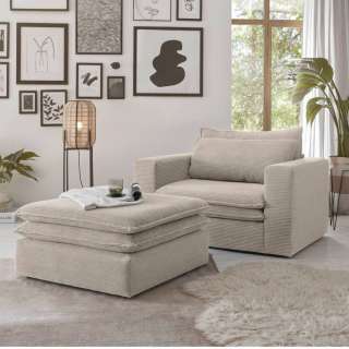 Sessel und Hocker Cord Beige in modernem Design 125 cm breit (zweiteilig)