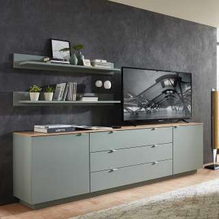 Sidebord modern Wohnzimmer in Graugrün und Holzoptik 240 cm breit