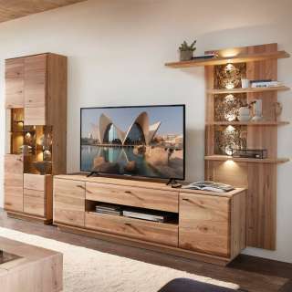 TV Wohnwand Front Massivholz in modernem Design 204 cm hoch (dreiteilig)