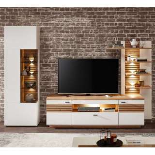 TV Wohnwand modernes Design in Weiß Wildeichefarben (dreiteilig)