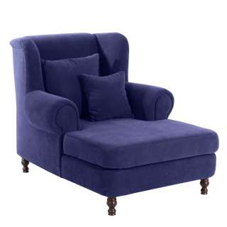 Velour Sessel mit Fußteil in Blau und Nussbaumfarben Landhausstil