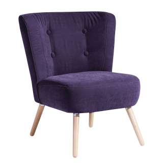 Velours Sessel Retro in Violett Vierfußgestell aus Buche