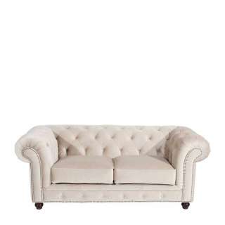 Wohnzimmer Couch Creme aus Samtvelours Chesterfield Look