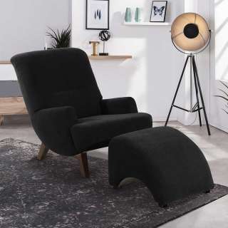 Wohnzimmer Sessel schwarz modern aus Velours Vierfußgestell aus Holz