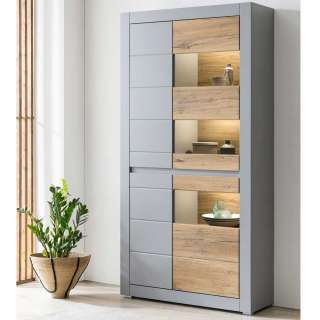 Wohnzimmer Vitrinenschrank groß in Zinneichefarben Platingrau