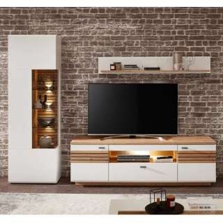 Wohnzimmerwand modern in Weiß und Wildeichefarben 201 cm hoch (dreiteilig)