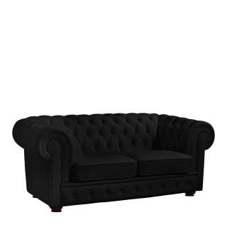Zweier Sofa Leder schwarz im Chesterfield Look Vierfußgestell aus Holz